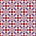 Red-brown rhombuses are tiled on a white background. The rhombuses have white flowers with a blue center and spikelets.